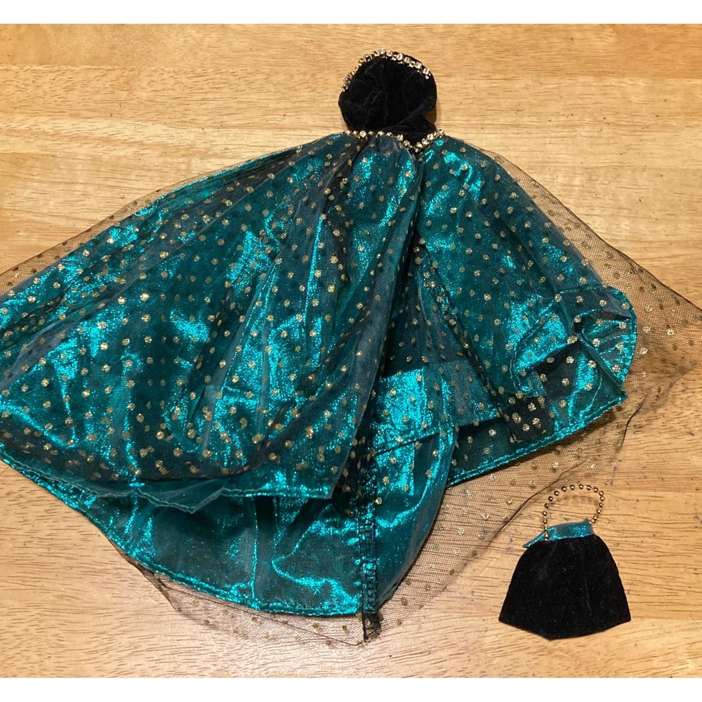 Vintage Brass Key Doll Gown Teal Metallic Gold Tulle Velvet Dress and Purse Set